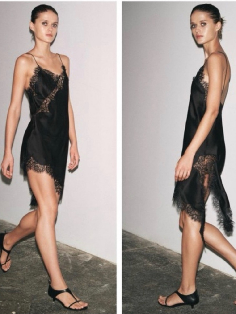 Zara Black Satin Slip Midi Dress with Lace Trim